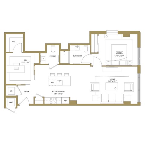 A floor plan of a house with a living room, dining room, kitchen, powder room, and den.